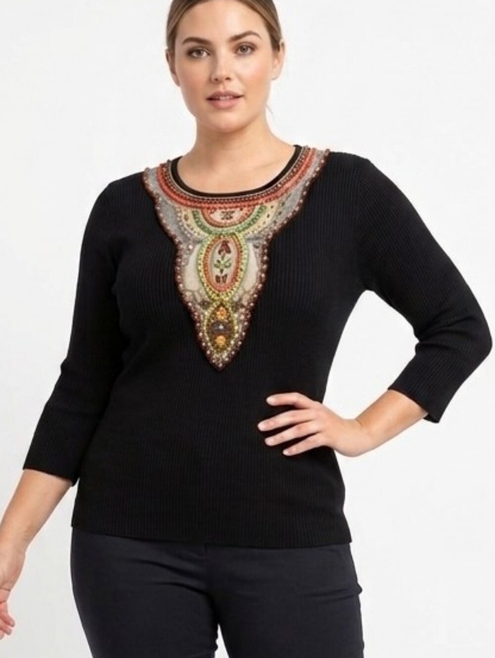 NEW Vintage Berek Takako Sakon Beaded Ribbed Knit Top Black Boho Art To Wear M